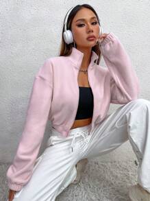 SHEIN Unity 拉鍊開襟落肩短版毛絨衫 - 粉色 - 查看 6