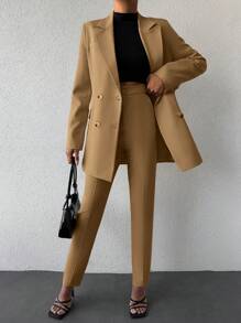 EURMUSE Solid Color Lapel Double Breasted Suit - Mustard Yellow - View 1