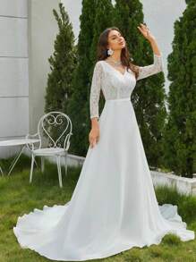 Lace Bodice Open Back Floor Length Wedding Dress - White - View 6