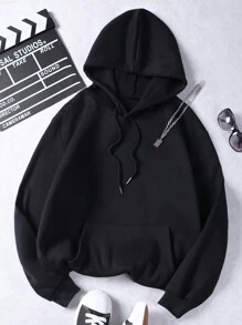 SHEIN EZwear 加大码女式卡通字母印花卫衣 - 黑色 - 查看 2