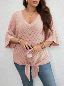 SHEIN LUNE Hơn Dệt kim chấm bi tay cánh Nút viền Áo len - Hồng - Xem 1