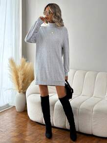 SHEIN LUNE Màu xám Lông cừu Đan Linh hoạt Của phụ nữ Đầm - Màu Xám nhạt - Xem 3