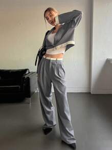 Dazy Star Contrast Trim Crop Blazer & Wide Leg Pants - Grey - View 3