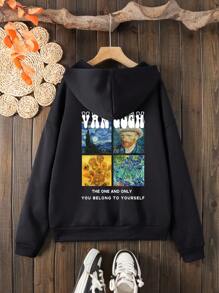 SHEIN EZwear Bức tranh sơn dầu & Đồ họa Khẩu hiệu Dây rút Lót nhiệt Hoodie - màu đen - Xem 1