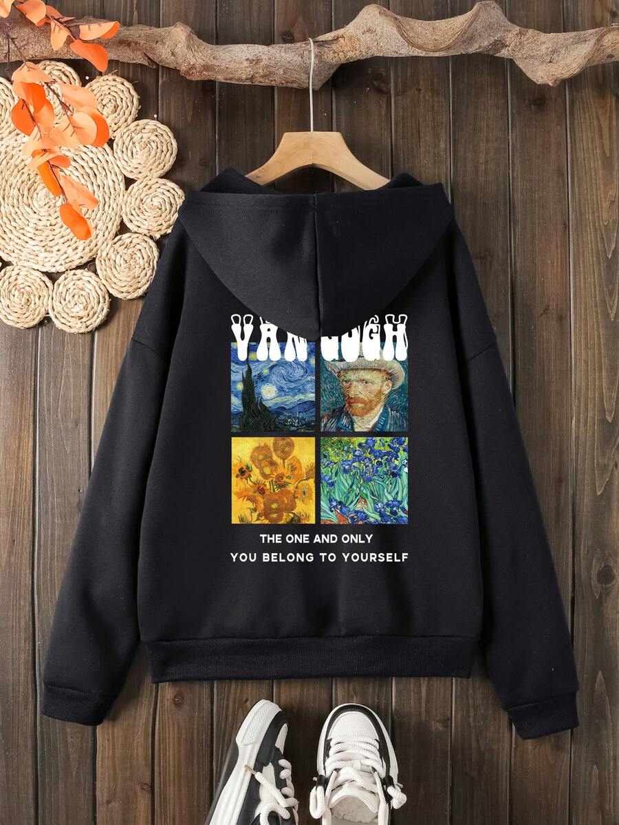 SHEIN EZwear Bức tranh sơn dầu & Đồ họa Khẩu hiệu Dây rút Lót nhiệt Hoodie - màu đen - Xem 1