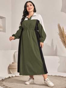 Mulvari 大尺碼拼色抽繩腰燈籠袖連身裙 - 彩色 - 查看 4