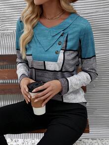 EMERY ROSE Women's Asymmetrical Collar & Button Detail Colorblock T-shirt - Multicolor - View 5