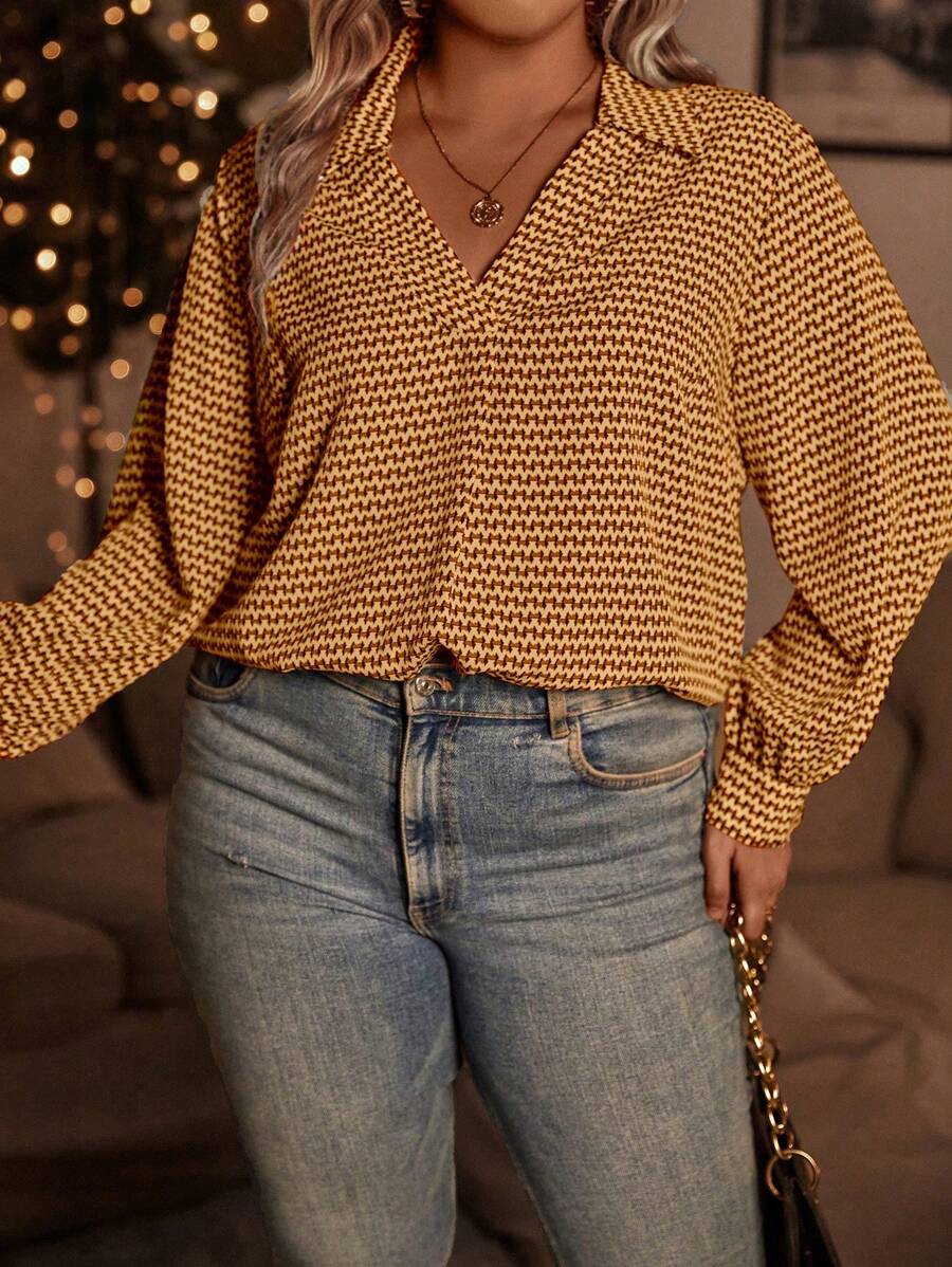 SHEIN LUNE All-over Printed V-neck Plus Size Shirt - Orange - View 1