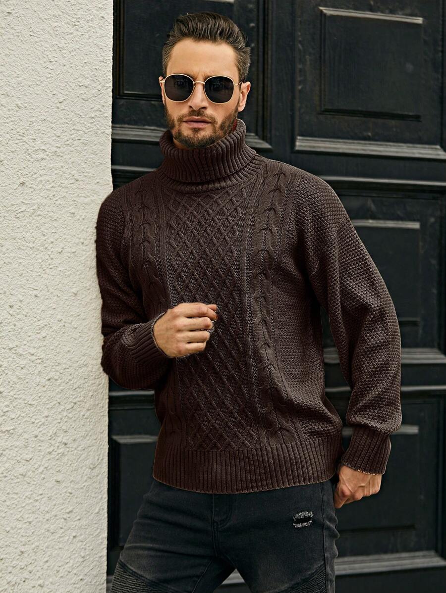 Manfinity Homme Men's High Collar Cable Knit Sweater - Chocolate Brown - View 1