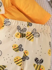 Baby Girl Ruffle Sleeve Bow Bee Printed Long Sleeve Top & Pants 2-Piece Set, Spring & Autumn - Yellow - View 4