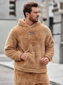 EASEVO Men Plus Letter Embroidery Kangaroo Pocket Teddy Hoodie & Pants - Khaki - View 5