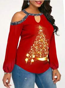 SHEIN LUNE 加上圣诞节印花露肩灯笼袖 T 恤新年衣服图案 T 恤女式上衣 - 紅色 - 查看 3