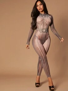 SHEIN SXY Allover Print Mock Neck Unitard Jumpsuit Without Belt - Multicolor - View 1