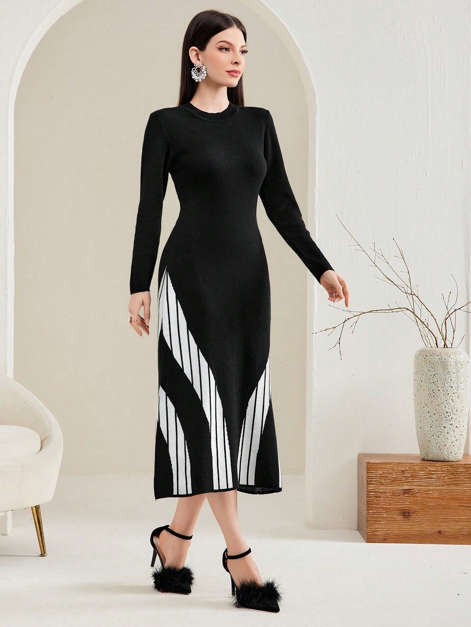 Color Block Long Sleeve Sweater Dress Without Belt