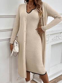 SHEIN Privé 凸紋針織毛衣連身裙和釦扣開襟開衫 - 杏色 - 查看 7