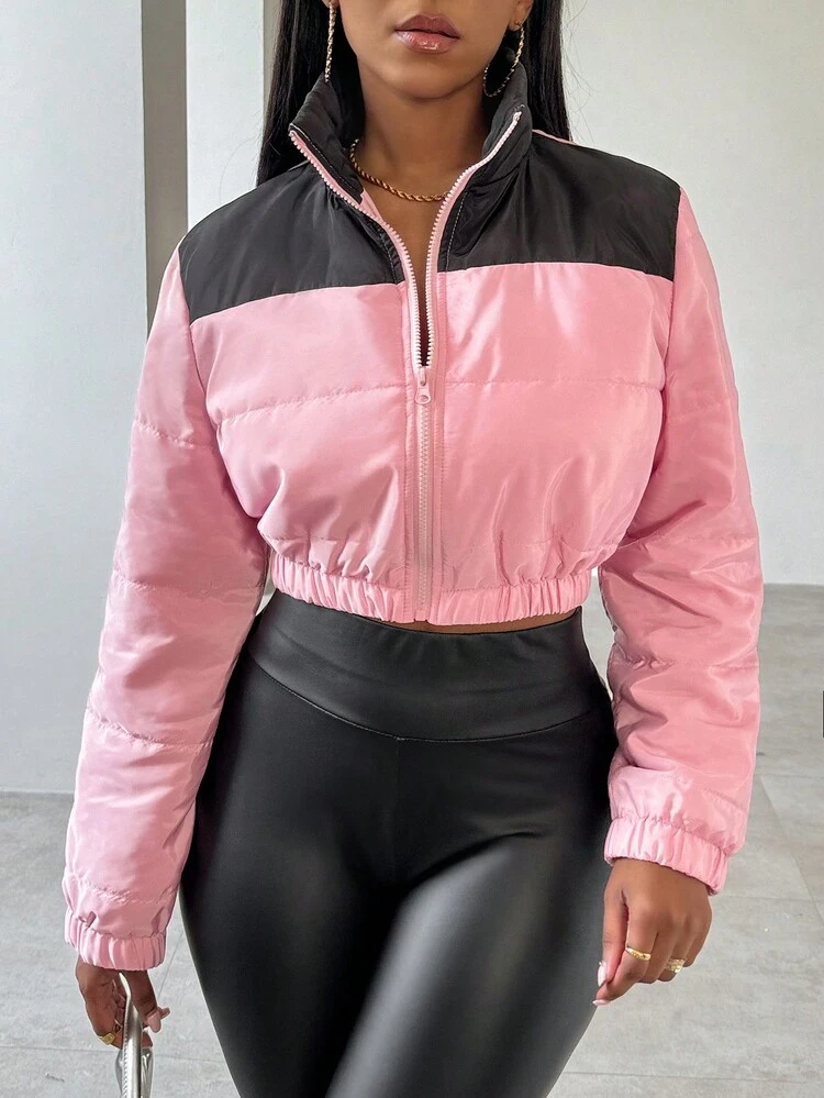 Two Tone Zip Up Crop Padded Coat Fall Cloth For Women