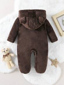 男婴小熊图案连脚连体衣，毛绒材质，冬季款 - 棕色 - 查看 2