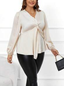 SHEIN Clasi Women's Plus Size Twisted Front Lantern Sleeve Shirt - Apricot - View 1