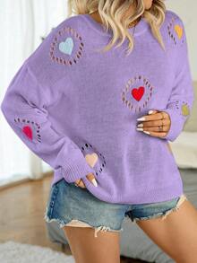 Calvaya Plus Size Heart Pattern Hollow Out Knit Slouchy Sweater - Lilac Purple - View 7