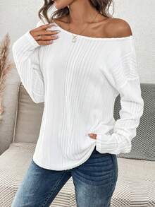 SHEIN LUNE Button Back Drop Shoulder Women's T-shirt - White - View 6