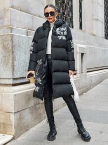 EURMUSE Veste matelassée mi-longue avec imprimé lettre et floral pour femmes grande taille, pour l'hiver - Noir - Voir 4