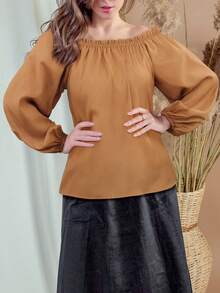 Áo kiểu trễ vai màu trơn có bèo nhún - Màu Khaki - Xem 5