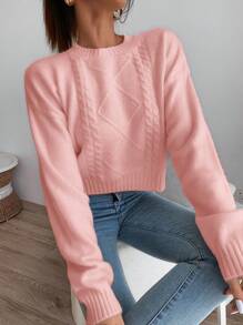 SHEIN EZwear 純色落肩毛衣 - 粉色 - 查看 1