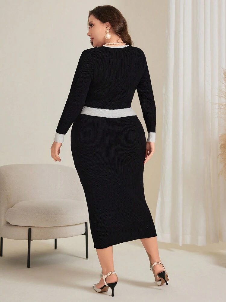 Plus Size Color-Block Knitted Sweater Dress Fall Cloth For Women