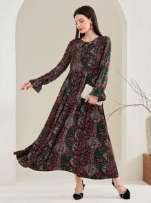 Mulvari Tie-Neck Paisley Modest Long Sleeve Dress - Coffee Brown - View 1