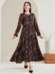 Mulvari Tie-Neck Paisley Modest Long Sleeve Dress - Coffee Brown - View 3