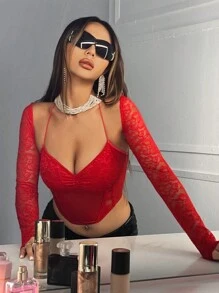 SHEIN ICON Fashion Sexy Contrast Lace Mesh Halter Neck Cami Top And Bolero Two Piece Set - Red - View 5