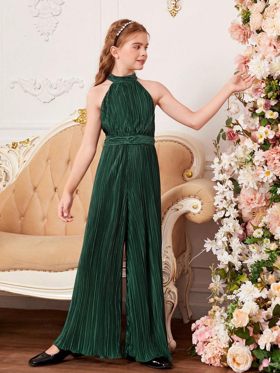 SHEIN Cô gái Tween 1 Miếng Chất rắn Xếp li Halter Neck Áo liền quần - màu xanh lá - Xem 1