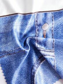 SHEIN 女小童牛仔效果印花緊身打底褲 - 藍色 - 查看 3