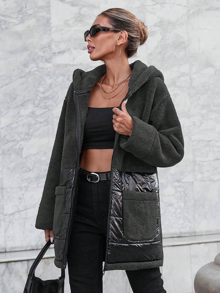 RueChic Women's Hooded Padded Coat - Dark Grey - View 1