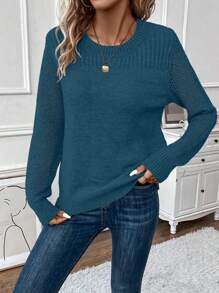 EMERY ROSE Solid Round Neck Sweater,Long Sleeve Tops Knit Pullover Fall Winter Sweater - Teal Blue - View 3