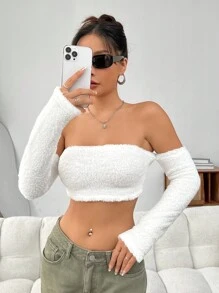 SHEIN EZwear 露肩泰迪短袖上衣 - 白色 - 查看 3