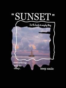 SHEIN EZwear Sea & Slogan Printed Drop Shoulder Sweatshirt - Black - View 4