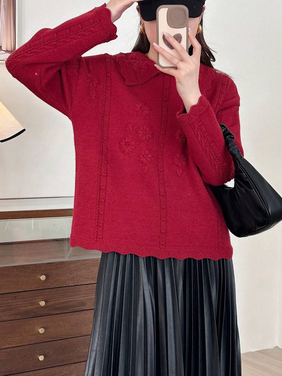 春季新款复古刺绣花卉针织毛衣甜美大翻领设计百搭温柔长袖上衣优雅青春韩版女装时尚 - 酒紅色 - 查看 1