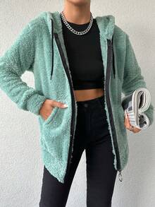 Cottnline 拉鍊式束繩帽毛絨夾克 - 薄荷綠 - 查看 5