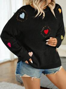 Calvaya 加大码爱心刺绣落肩圆领针织套头衫秋冬毛衣 - 黑色 - 查看 4