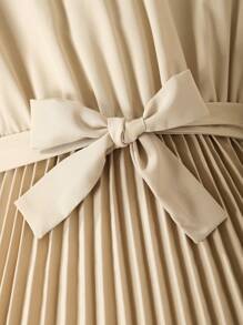 少女荷叶边荷叶袖褶边下摆系带连衣裙，适合度假、夏季、旅行 - 杏色 - 查看 8