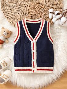 Áo len cardigan không tay kẻ sọc cho bé trai - Xanh đậm - Xem 1