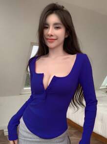 DAZY Solid Button Front Slim Tee Going Out Tops,Fall Clothes Long Sleeve Women Tops - Royal Blue - View 2