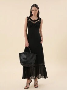 SHEIN Privé Floral Embroidered Mesh Insert Ruffle Hem Dress - Black - View 5