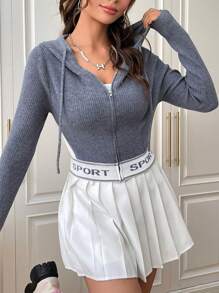 SHEIN EZwear 字母圖案短修身連帽拉鍊前開襟衫 - 彩色 - 查看 5