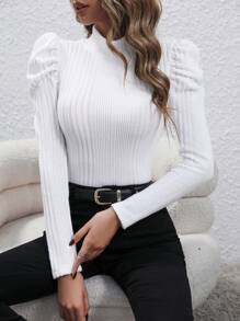 SHEIN LUNE 女士羊肚袖t恤 - 白色 - 查看 2