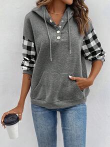 SHEIN LUNE 女士連帽衛衣,格紋圖案和下垂肩袖設計 - 灰色 - 查看 3