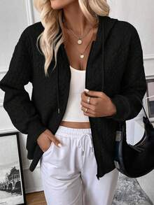 SHEIN LUNE Women's Zip Up Drawstring Hooded Sweatshirt - Black - View 5