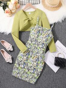 Girls' Knot Detail Knit Top And All Over Print Cami Dress Set - Olive Green - View 1