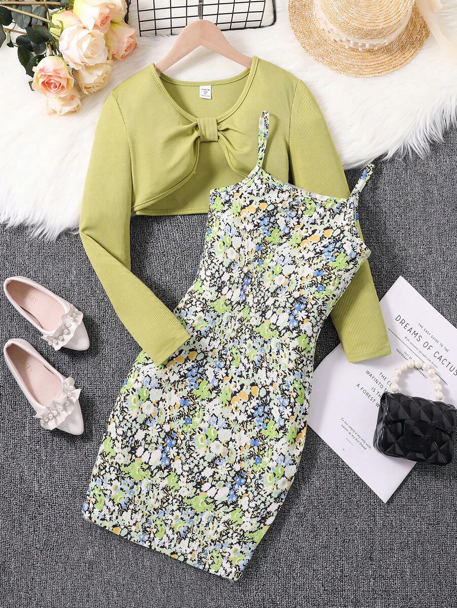 Girls' Knot Detail Knit Top And All Over Print Cami Dress Set - Olive Green - View 1